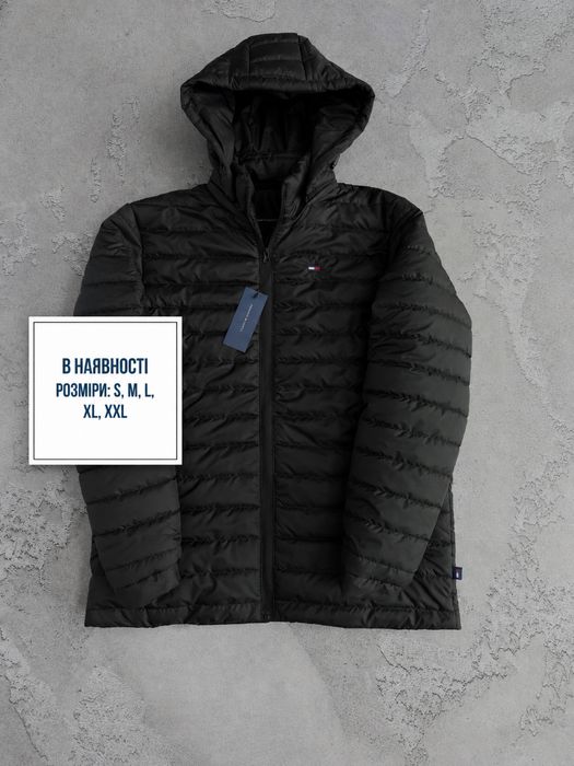 Чоловіча демісезонна куртка Tommy Hilfiger з капюшоном, чорна, розміри S, M, L, XL, XXL, 3XL