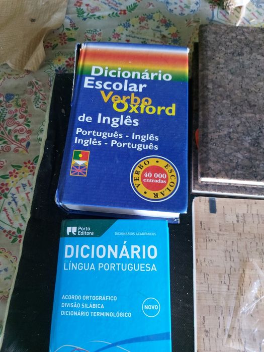 2 dicionários e 3 blocos de apontamentos