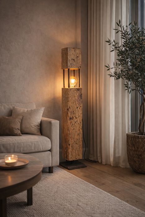 Luminária de Pé Rústica em Carvalho Antigo – Peça Única
