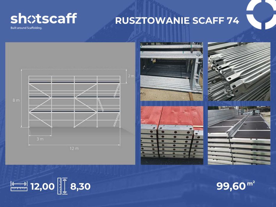 Stalowe rusztowanie elewacyjne Plettac 8,3 m x12 m =100 m2 nowe kompletne z  podestami 3 m