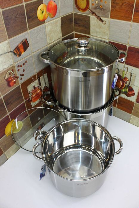 Zestaw 3 garnków 20L, 18L, 15L Grube dno GAZ indukcja EliteHoff E4300