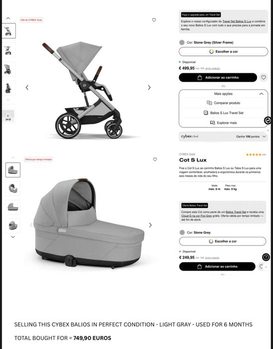 Carrinho de bebé - Cybex Balios S Lux (Stone Grey) + Cot