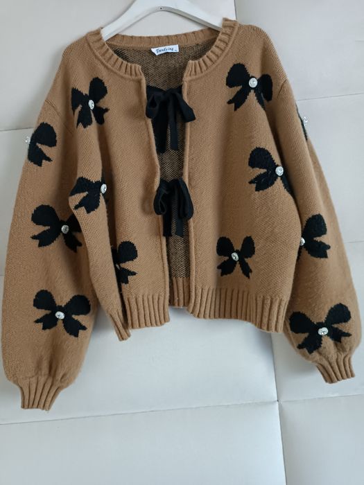Sweter kardigan z kokardkami S/M/L camel