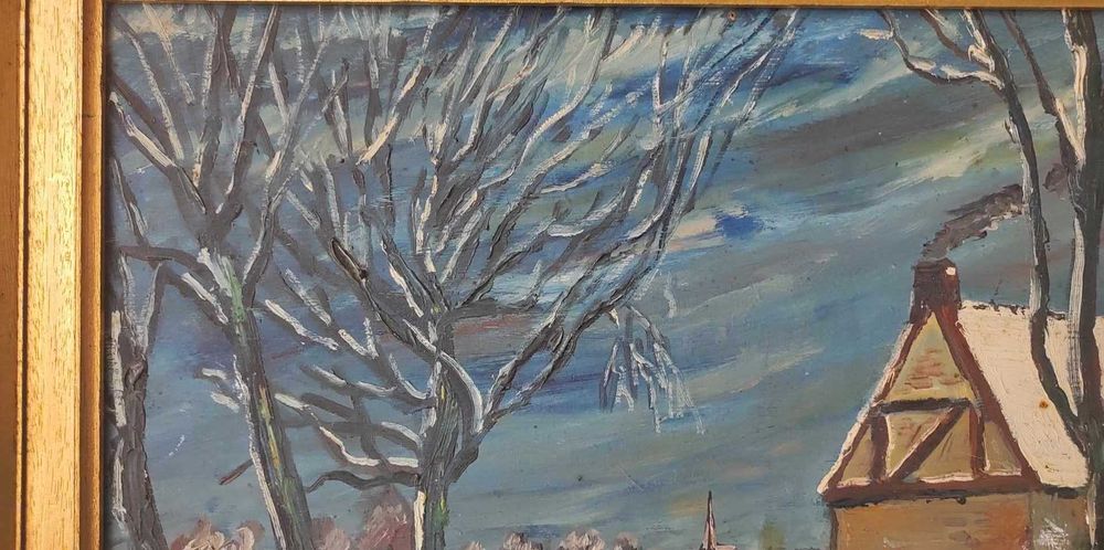 Aldeia no Inverno - Óleo sobre painel - Pintura antiga - Quadro