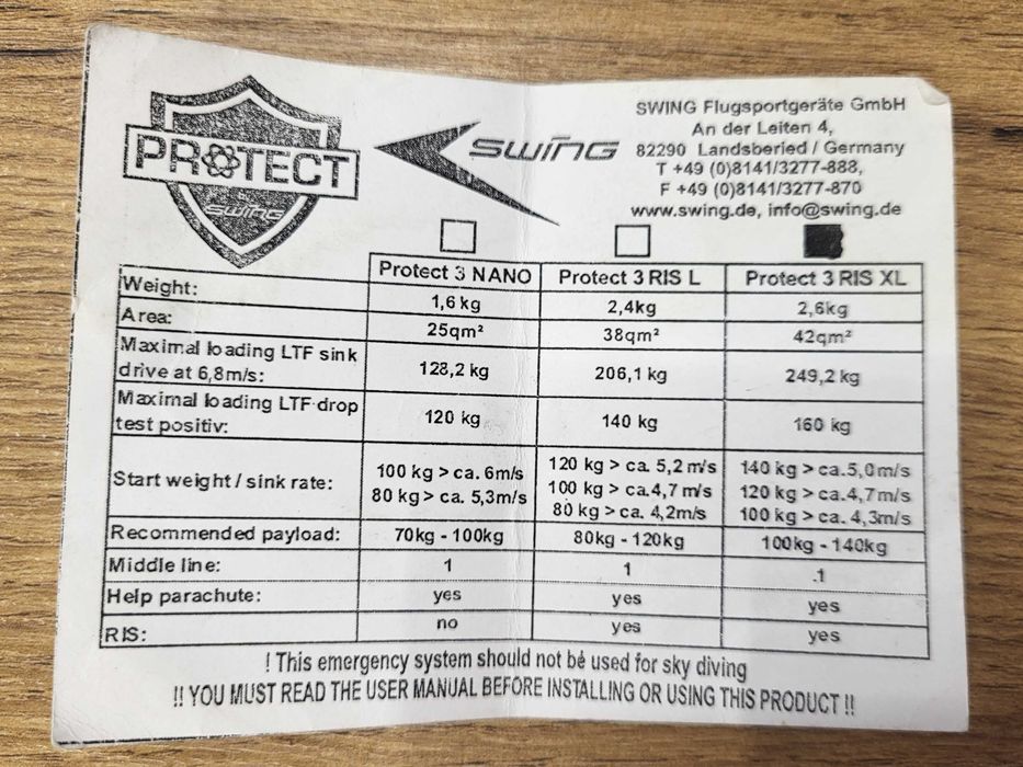 SPADOCHRON zapasowy ppg paralotnia
