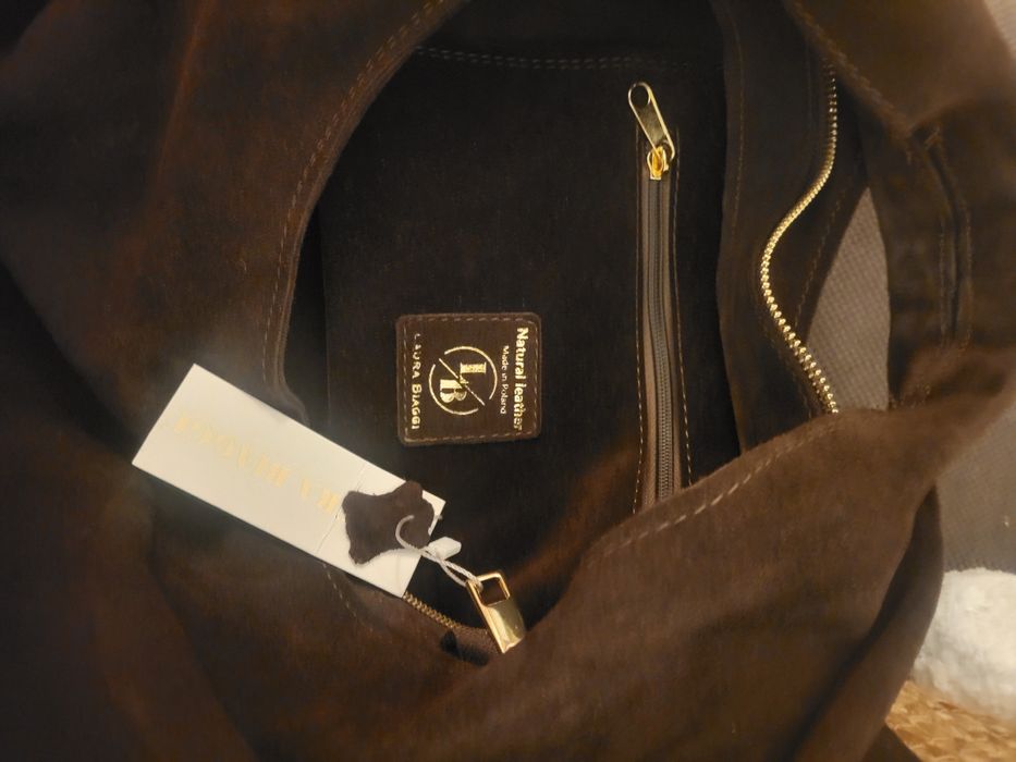 Torebka, torba , skóra naturalna-zamsz, gorzka czekolada NOWA