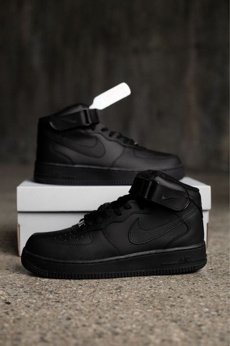 Кросівки Nike Air Force 1 Mid Black | Чорні Шкіра