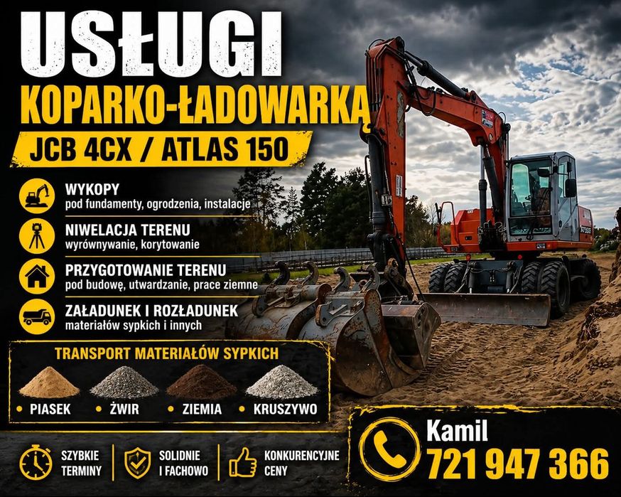 Usługi transportowe, koparko-ładowarka JCB 4CX, koparka kołowa