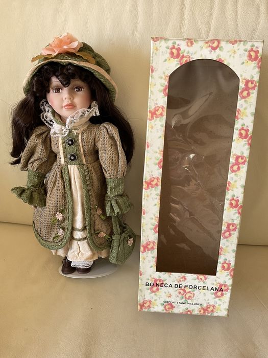 Hand-painted porcelain doll with antique/vintage display stand in original box