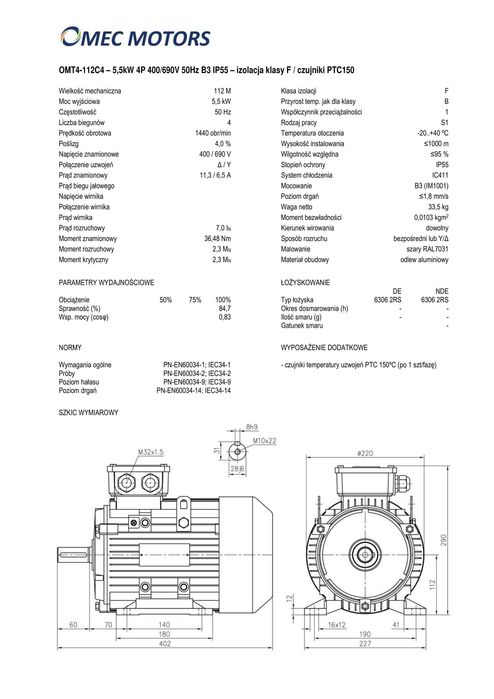 silnik elektryczny 5,5kW 1400obr. 3fazowy 112B3 OMT