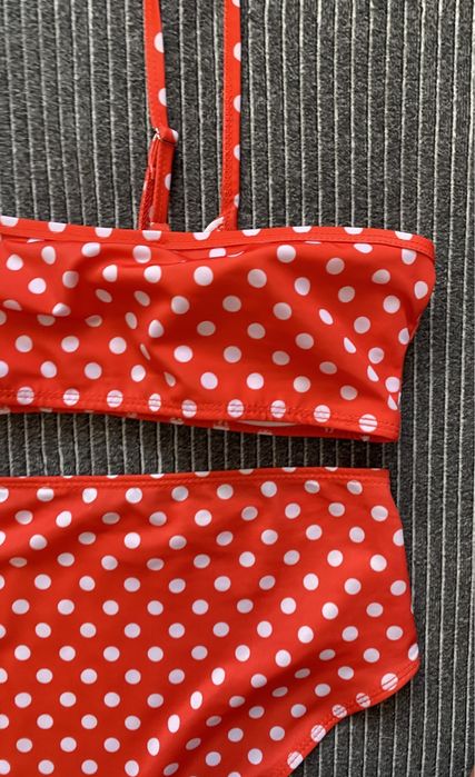 Женский купальник с высокой посадкой/ талией ярко красный в горошек