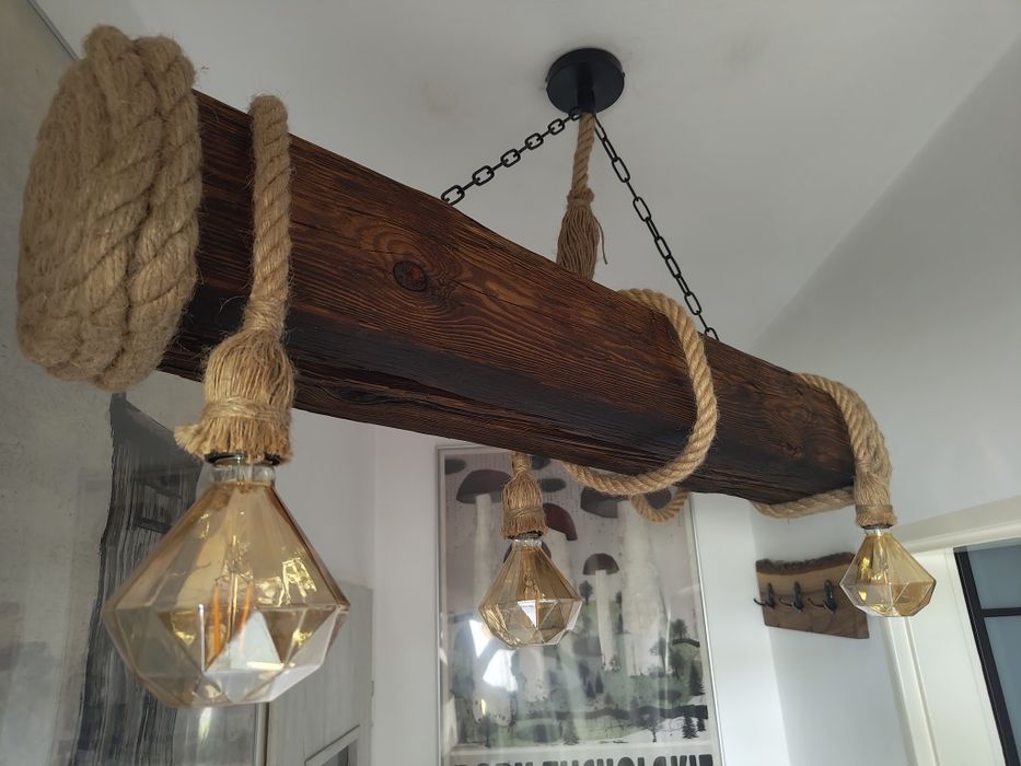 Lampa sznur jutowy 3xe27 belka rustykalna loft handmade klosze