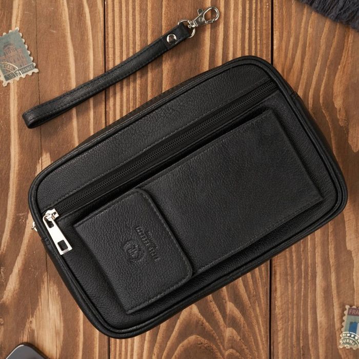 saszetka męska do ręki skórzana dwukomorowa czarna
