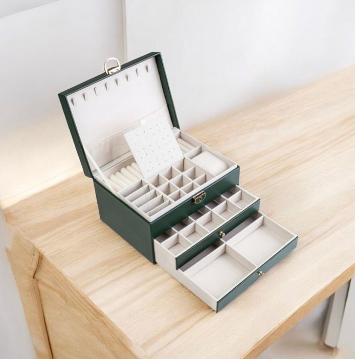 Nowa zielona szkatułka organizer na biżuterię z zamkiem