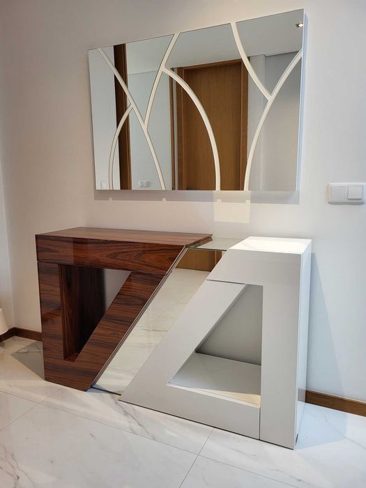 Consola com espelho Lacado Branco Brilho e Pau Ferro