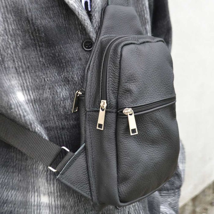 Сумка з натуральної шкіри, слінг чоловічий чорний, барсетка, месенджер