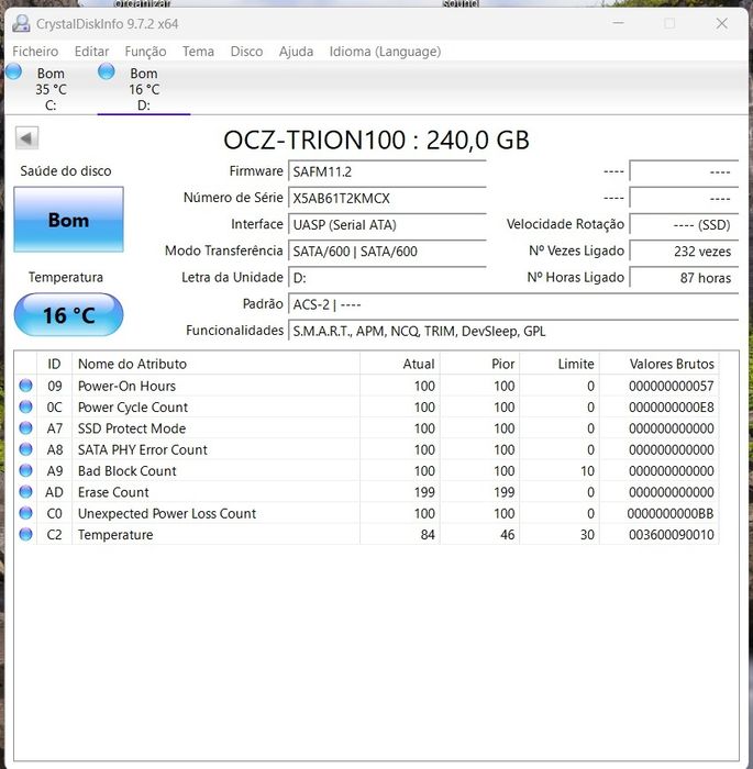 Disco ssd intenso 480 gb (novo) + ocz 240 gb (usado)