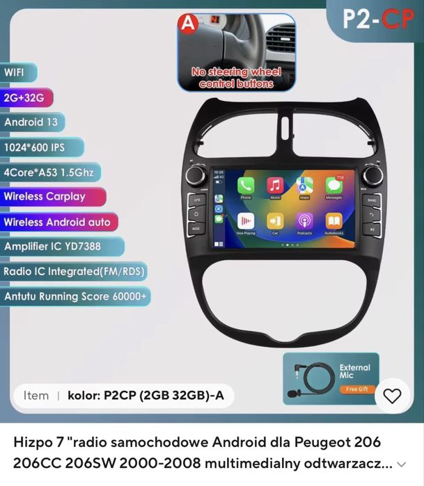 Radio android auto /carplay do Peugeot 206