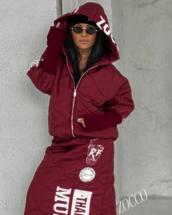 ZOCCO Ciepły komplet pikowany kurtka z kapturem plus spódnica BORDO