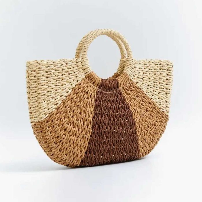 Літня солом'яна полукругла сумка з підкладкою та круглими ручками