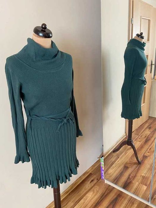 Sweterkowa sukienka midi golf butelkowy zielony ciemny   m l 38