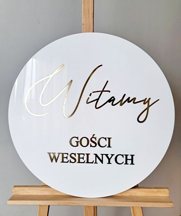 Koło tablica Biała pleksi złoty lustrzany napis Witamy Gości Weselnych