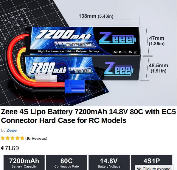 Baterias Lipo 7200mAh 14.8V 80C, EC5 - NOVAS