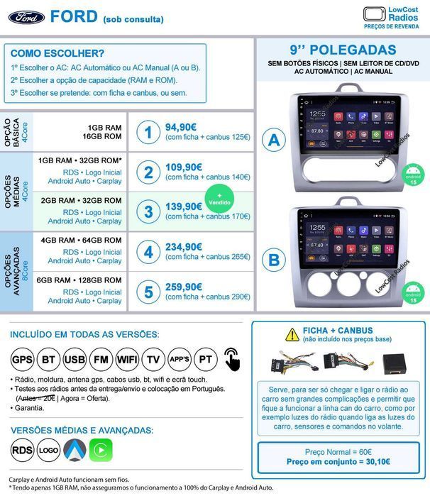 Auto Rádio ANDROID 15 - FORD FOCUS 9 Polegadas • GPS • BLUETOOTH • USB
