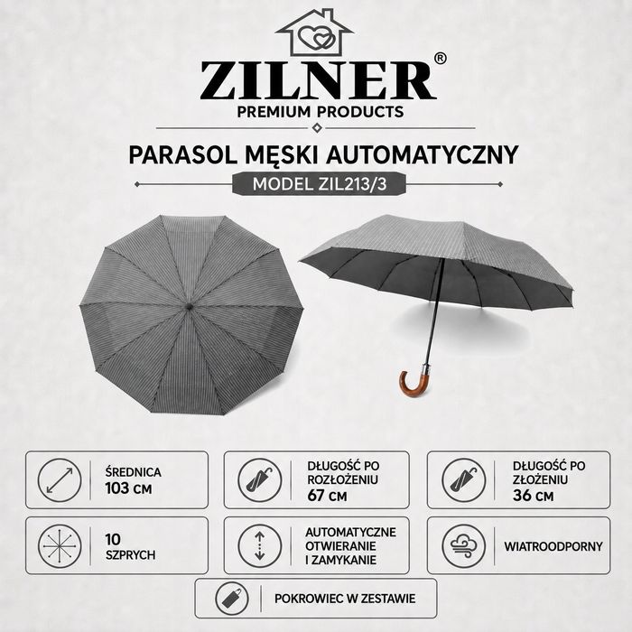 Duży Parasol Męski Automatyczny Składany ZILNER Szary w Paski 103 cm