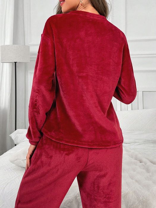 Bluza Pullover Pluszowa Z Haftem Napisy Burgundowa Casual Shein M