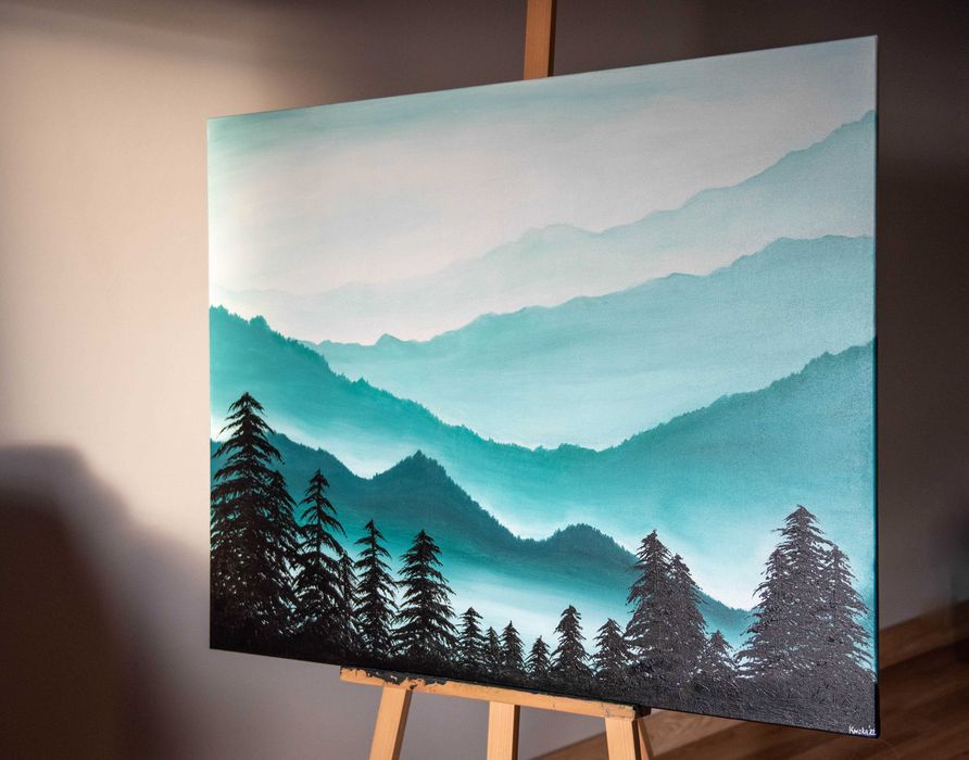 Obraz ręcznie malowany duży. akryl. 100x80 las mgła góry malarstwo
