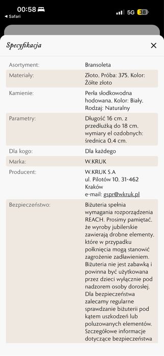 W.Kruk nowa złota branzoletka z perłami z certyfikatem