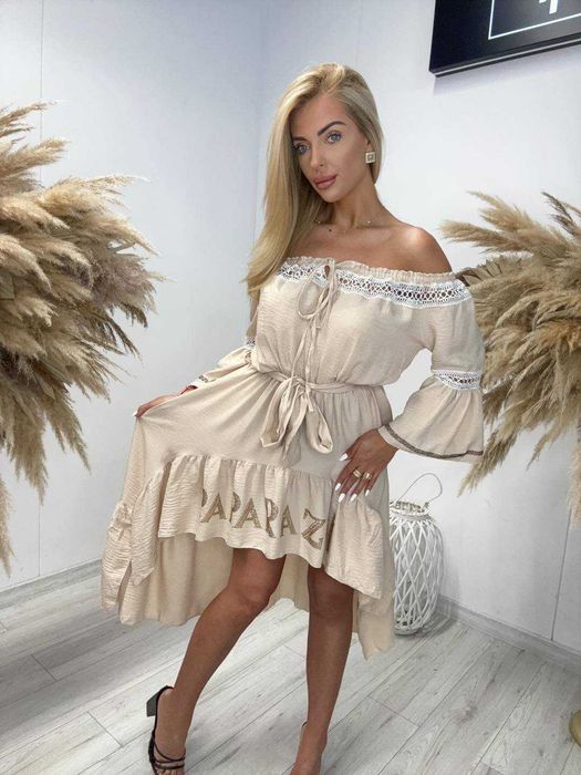 Sukienka Hiszpanka Boho Beżowa Paprazzi Fashion PROMOCJA