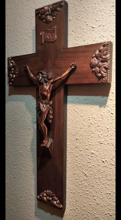 Crucifixo vintage BRONZE e madeira Séc.XIX(19)