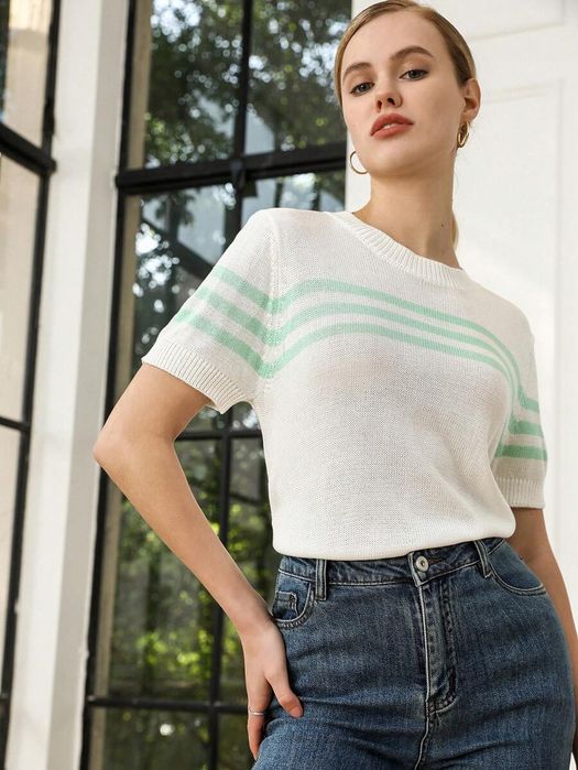 Sweterek W Paski Z Krótkim Rękawem Biały Wiskoza Casual Shein S 36