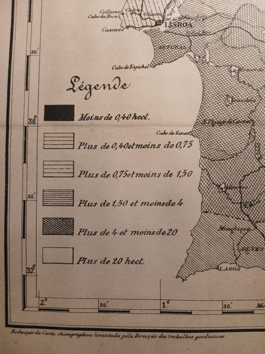 Mapa Portugal - Superficie Moyenne des Proprietés Rurales (1900)