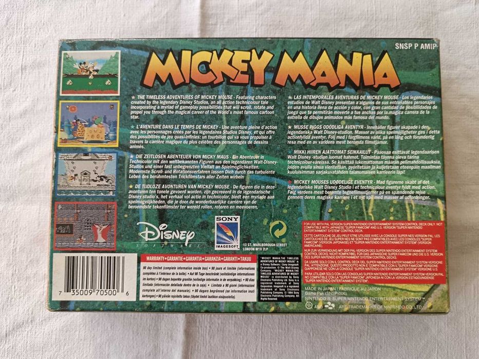 Mickey Mania (SNES, 1994, PAL FR) – Caixa e Manual | Pequeno Defeito no Manual