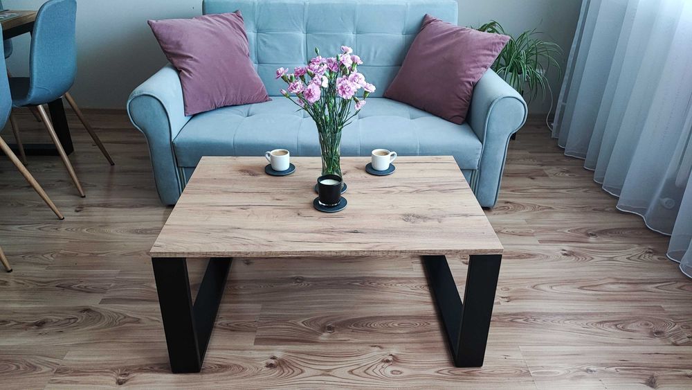 Stolik kawowy Loft 90x60cm czarna stal z blatem w kolorze złotego dębu