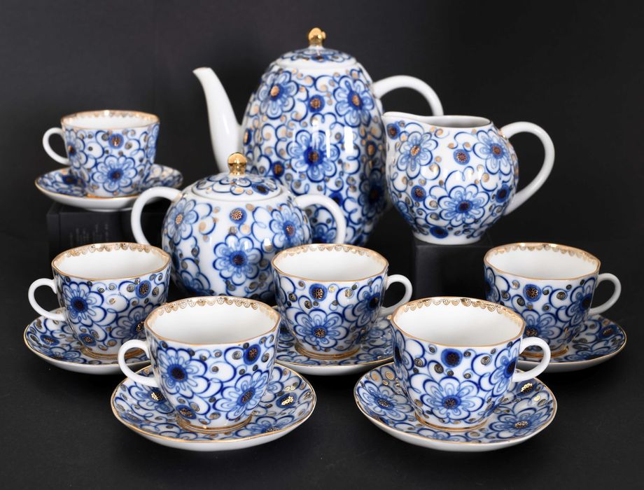 Łomonosow piękny serwis kawowy – ręcznie malowany złocony powój