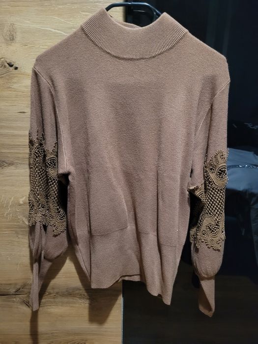 Sweter brązowy L ażurowe rekawy nowy bez metki