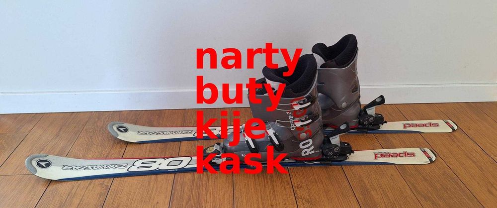 Zestaw narciarski: narty Dynastar + buty Rossignol + kask + kijki