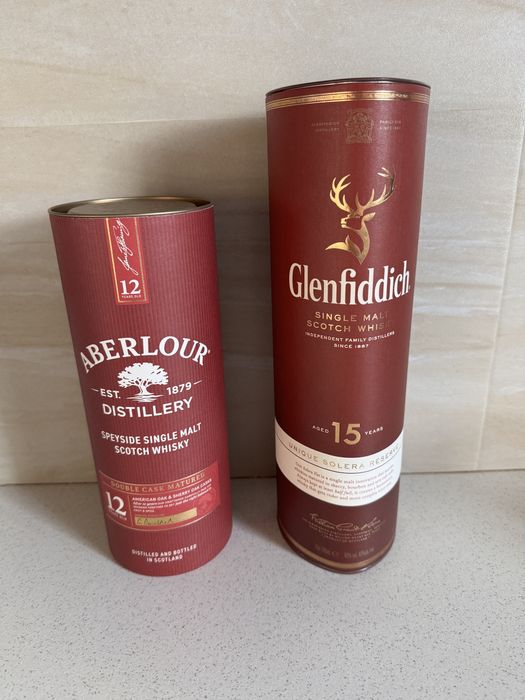 Puste puszki kolekcjonerskie Glenfiddich i Aberlour