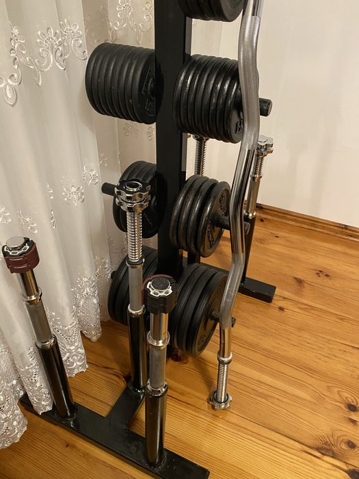 ZESTAW SIŁOWNIA hantle + gryf + 84 kg + stojak