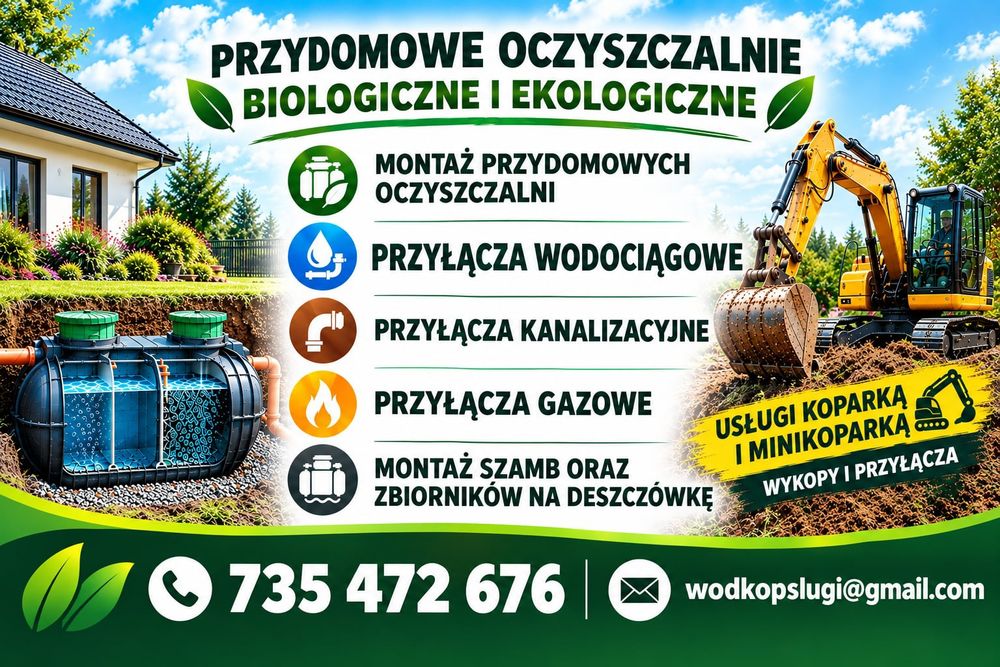 Przydomowe oczyszczalnie, przyłącza wodociągowe kanalizacyjne
