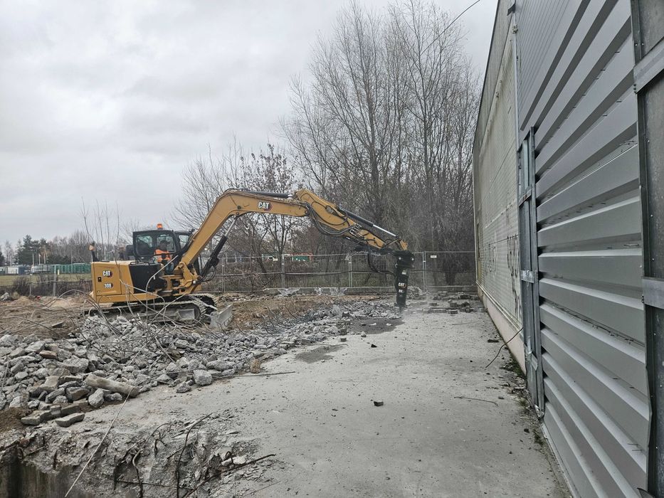 Wynajem koparki z młotem cat308 rozbiórki wyburzenia wywóz gruzu