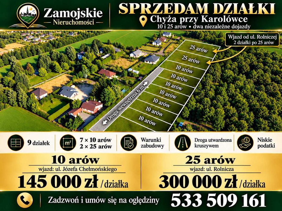 SPRZEDAM DZIAŁKI KAROLÓWKA - 10 arów i 25 arów ( Chełmońskiego i Rolnicza )