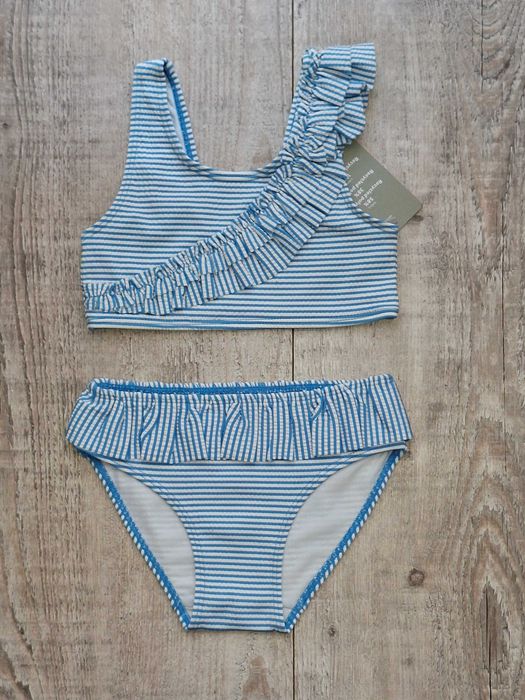 H&M kostium bikini z falbankami niebiesko/biały 98/104