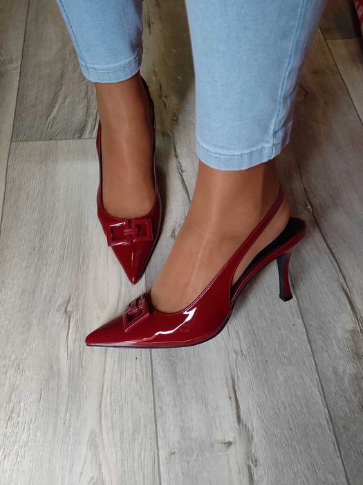 (41/42) Bordowe czółenka szpilki wieczorowe z odkrytą piętą, NOWE