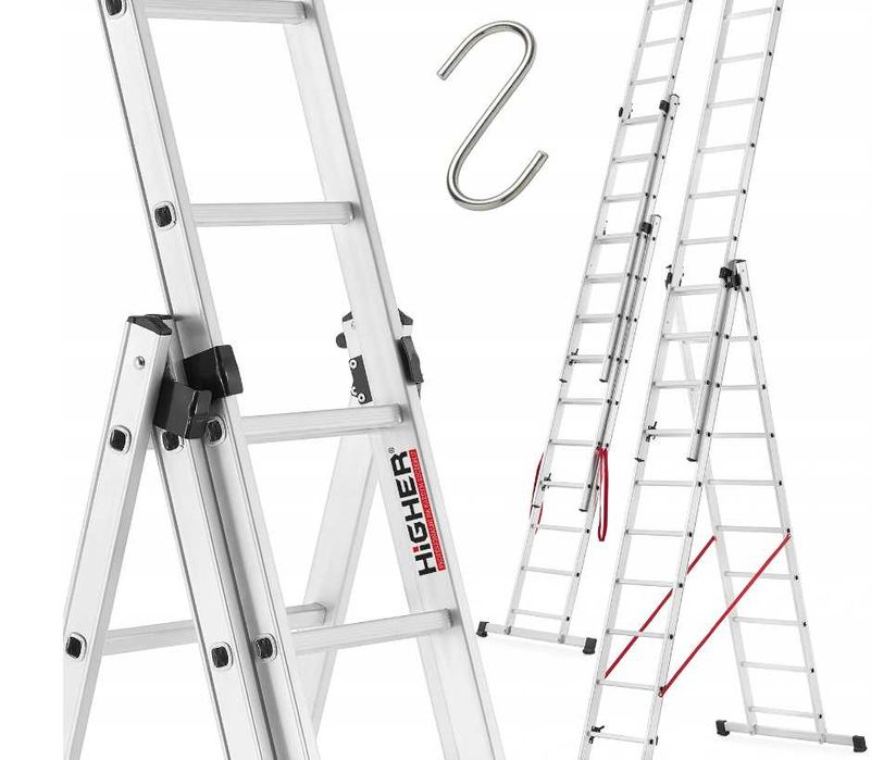 Drabina aluminiowa HIGHER 3x12,wys robocza 9m,na schody,nowa