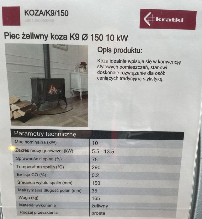 Koza k9 Kratki . Piecyk zeliwny wolnostojacy koza na drewno